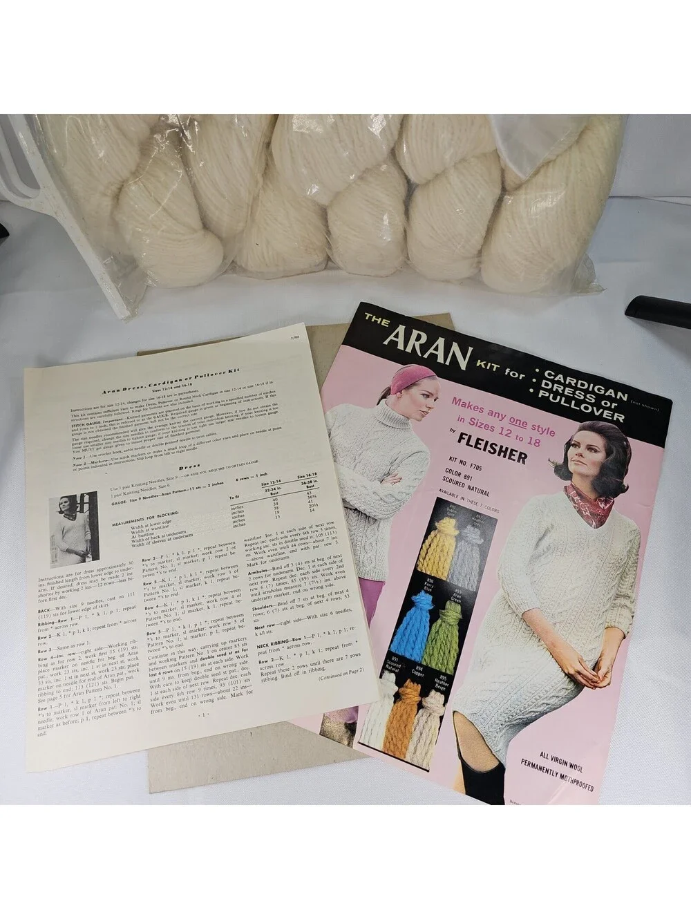 Vintage FLEISHERS Ivory White Wool Knitting Kit Cardigan Dress Size 12-18 New!